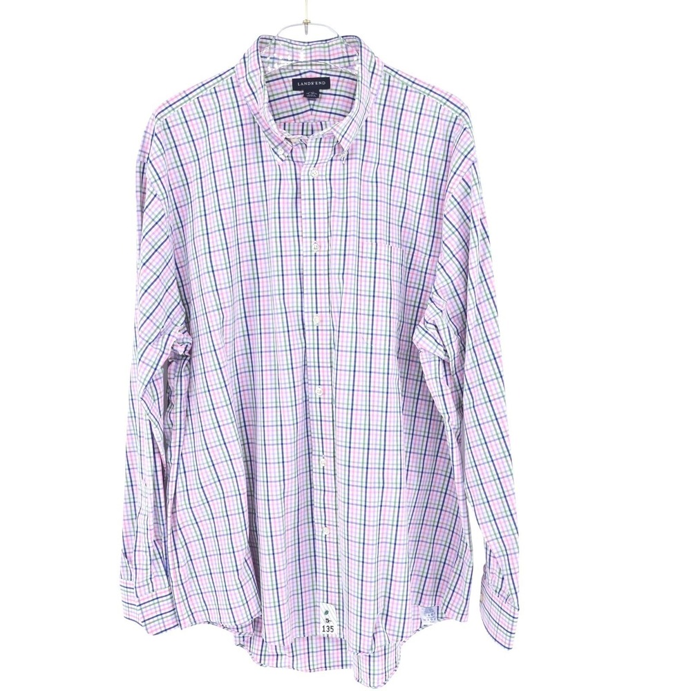 Lands' End Mens Plaid Button Down Long Sleeve Shirt Pink Green Blue Classic XXL